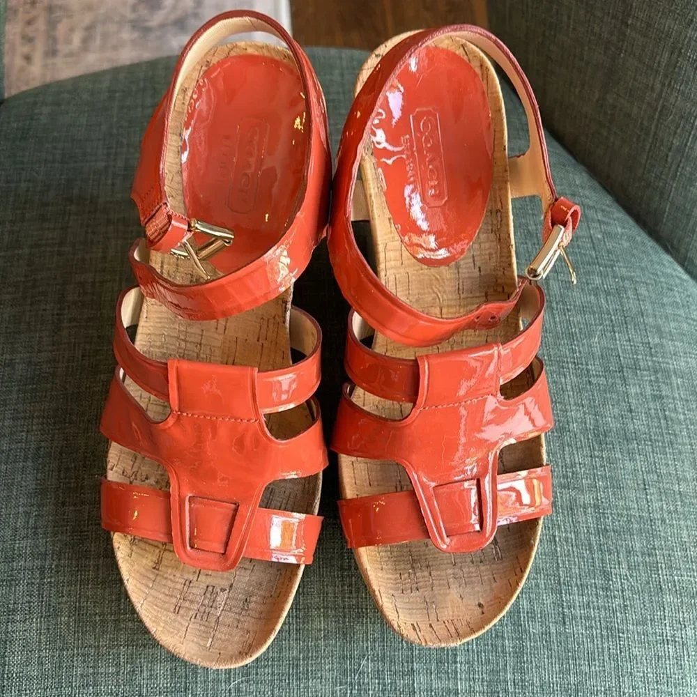Coach Fran Wedge Ankle Strap Sandals Women sz 7 orange platform patient leather